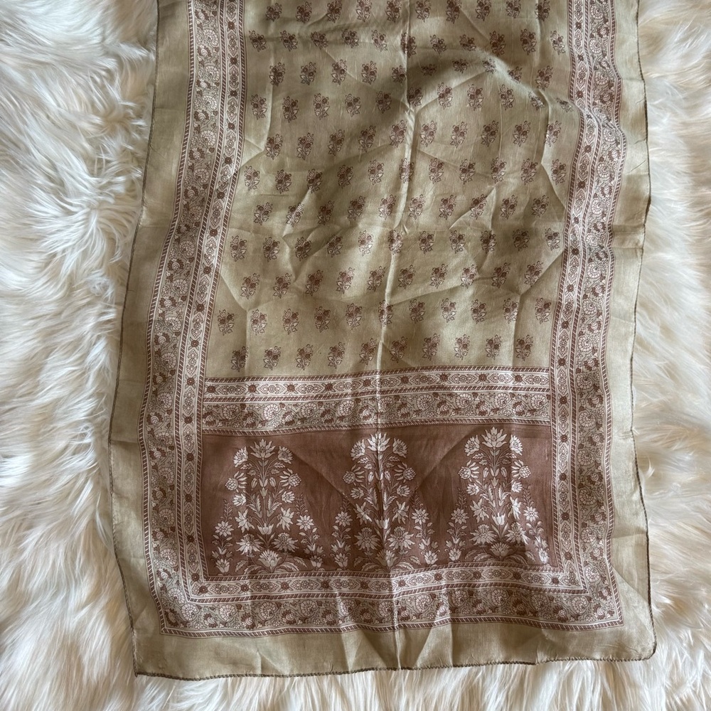 100% Pure Silk Floral Scarf | Golden Tan & Mauve Pink-ish 20" x 68" Spring Piece - Picture 3 of 9